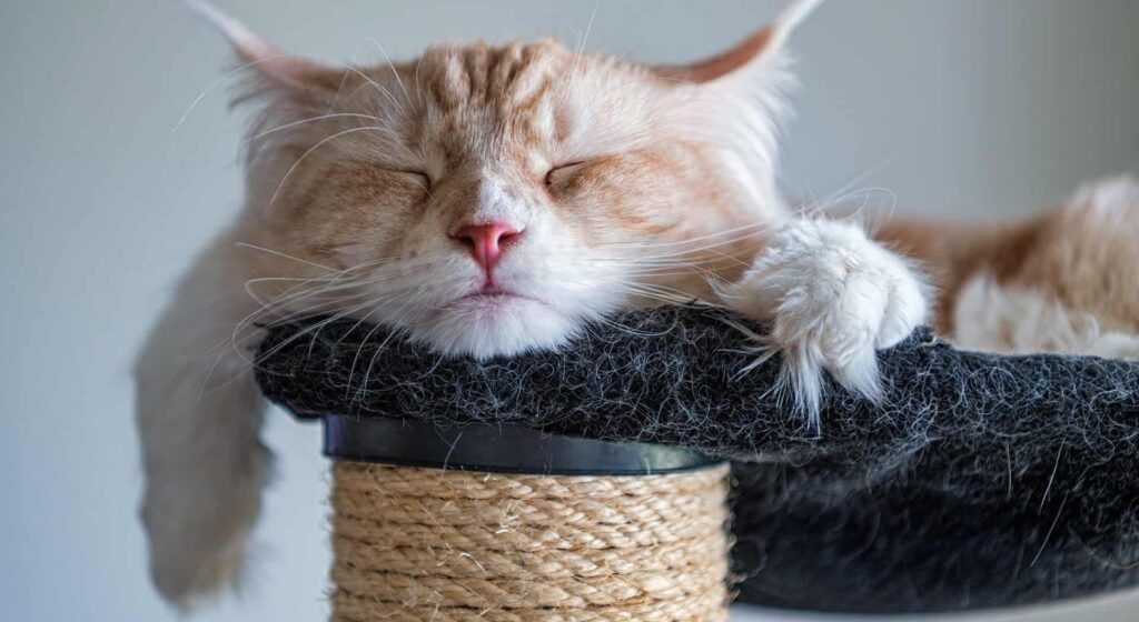 Maine Coon sleeping comfortably on a cat tree tower